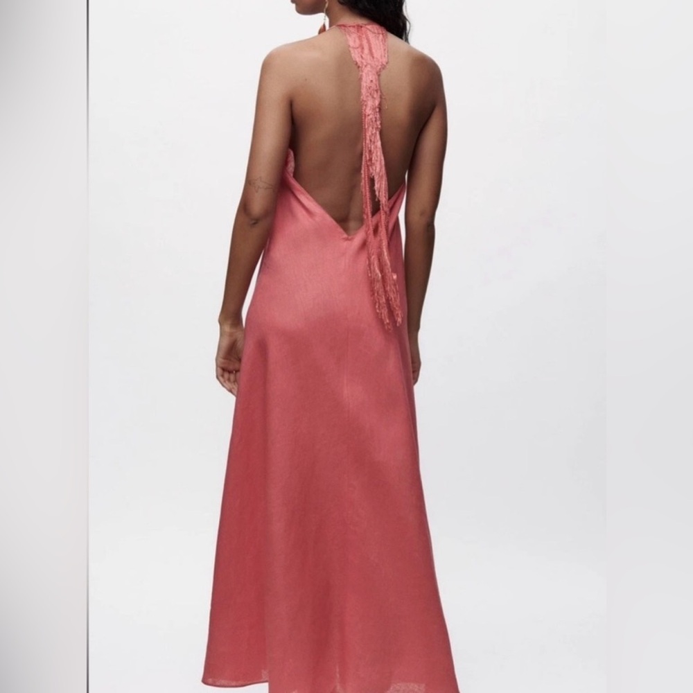 Zara Coral Pink Linen Maxi Dress, with Fringe - Picture 4 of 7